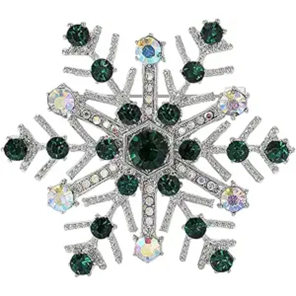 Women Rhinestone Snowflake Brooch Crystal Winter Snowflake Brooch Pin Green